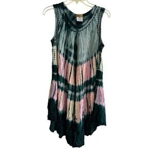 Ingear Green Orange Pink Tie Dye Embroidered Umbrella Dress Sleeveless Boho OS
